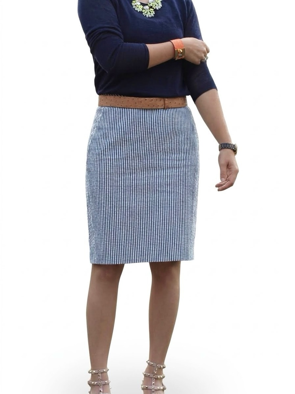 Margaret M Womens Blue White Seersucker Skirt A-Line Preppy Coastal Stretch Sz M